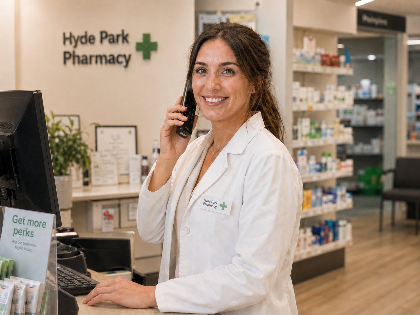 Hyde Park Pharmacy team member answering the phone at the counter