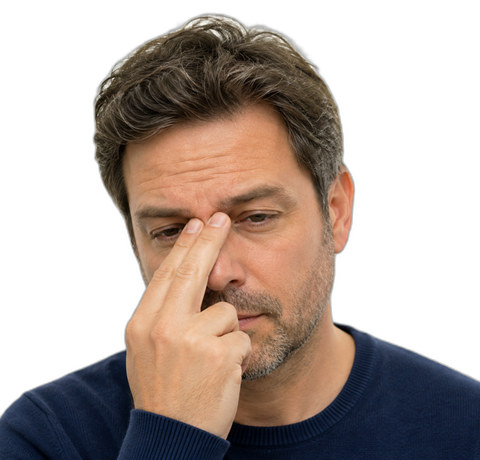Person with sinus pain pressing nose