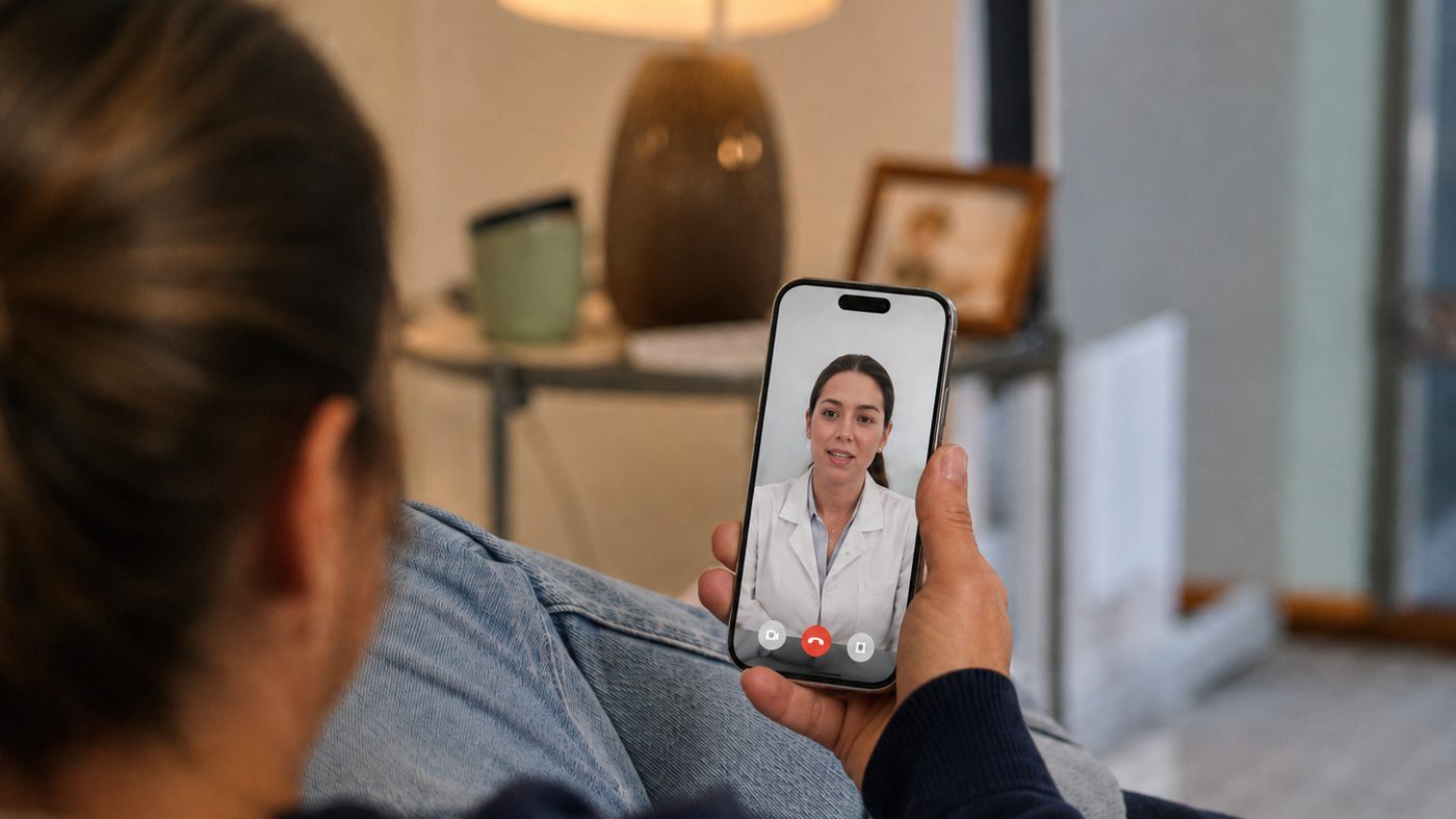 A patient on a video consultation with a Hyde Park Pharmacy clinician, cared for from home