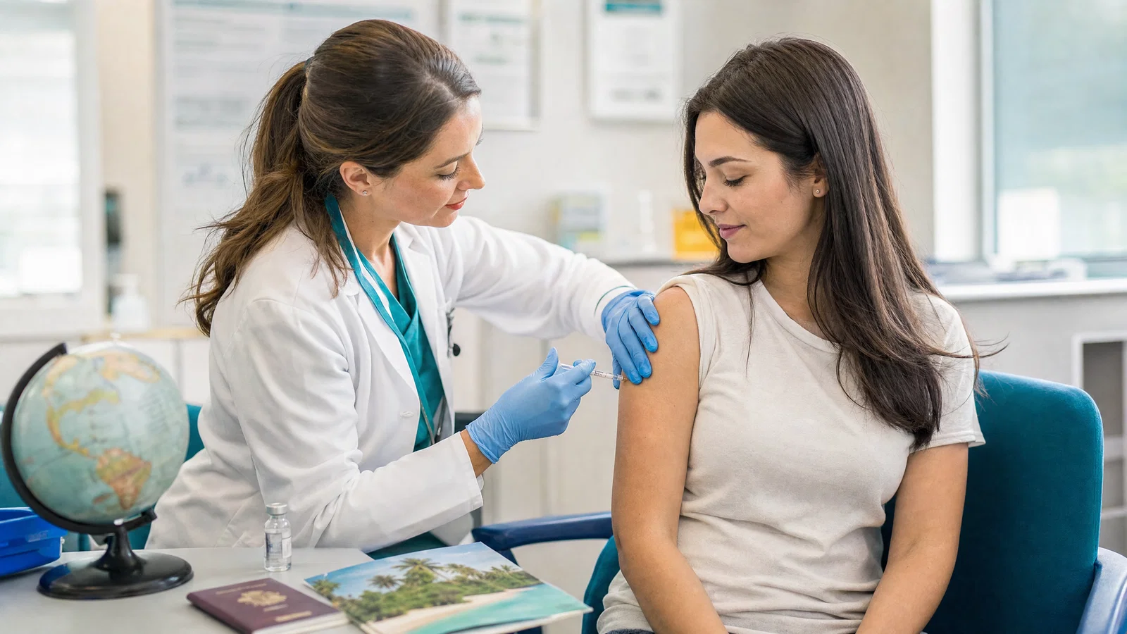 Healthcare professional administering a travel vaccine at a pharmacy consultation