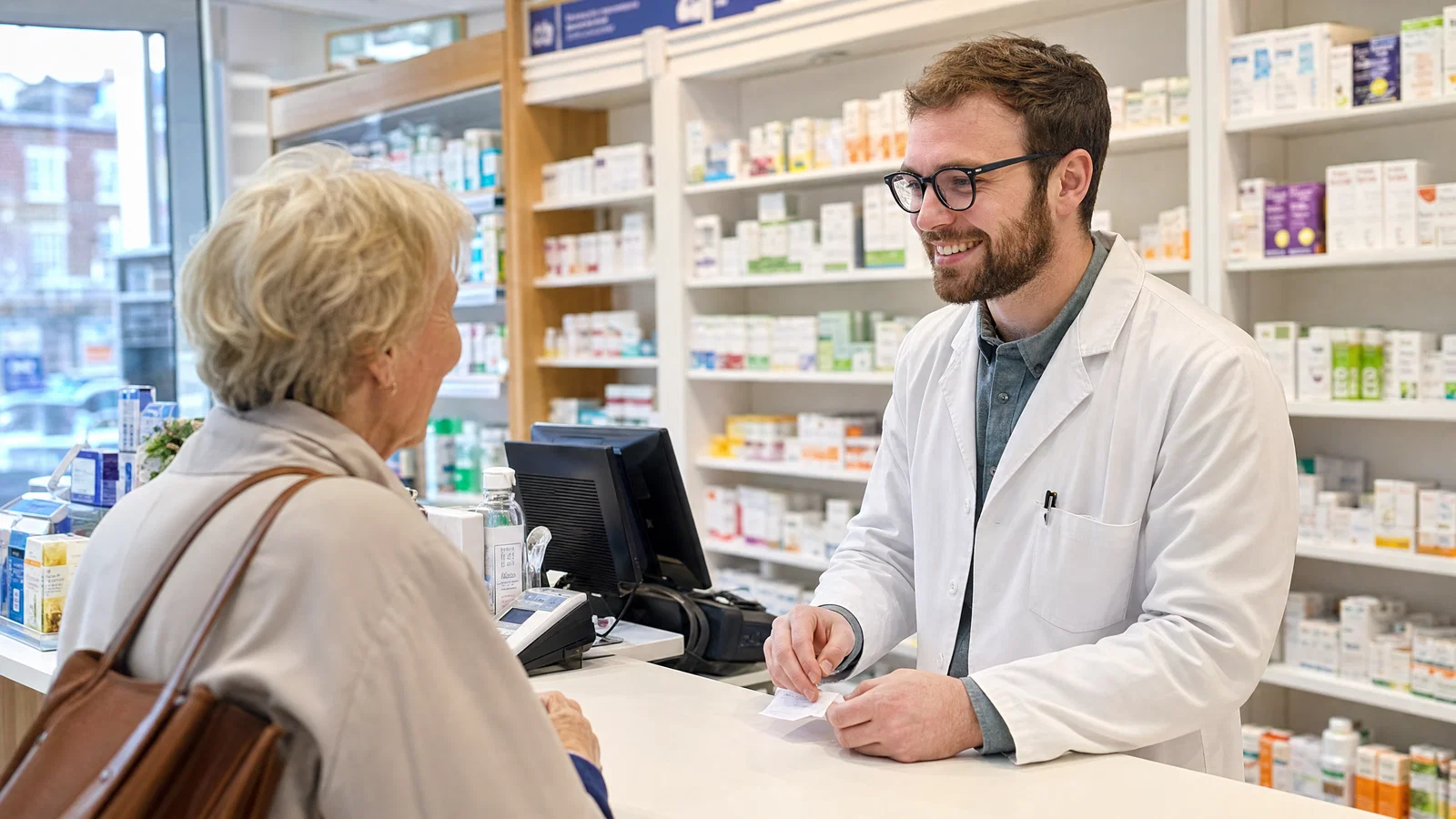 Friendly pharmacist helping a patient at a community pharmacy dispensing counter