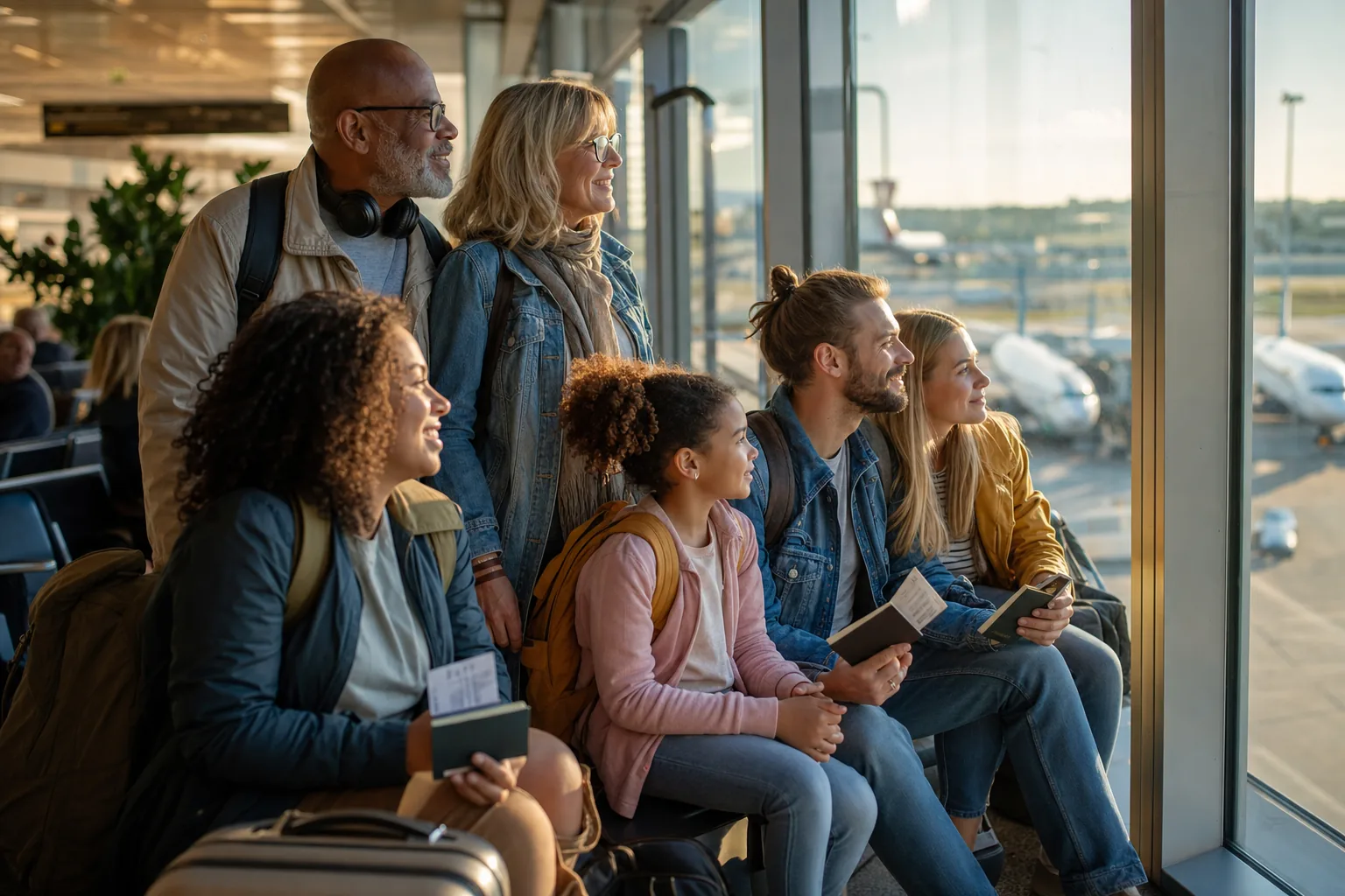 Relaxed family and travellers at a sunlit airport departure lounge, passports in hand, ready to fly